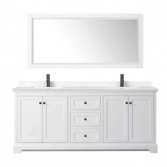 Avery 80" Double Vanity in White, Carrara Marble Top, Black Trim, 70" Mirror