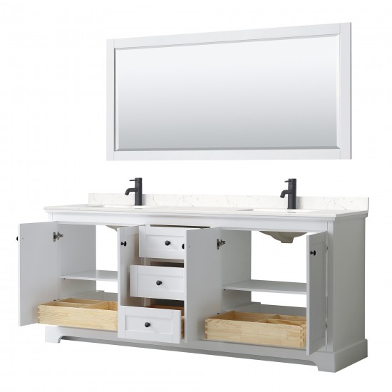 Avery 80" Double Vanity in White, Carrara Marble Top, Black Trim, 70" Mirror