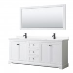 Avery 80" Double Vanity in White, White Marble Top, Black Trim, 70" Mirror