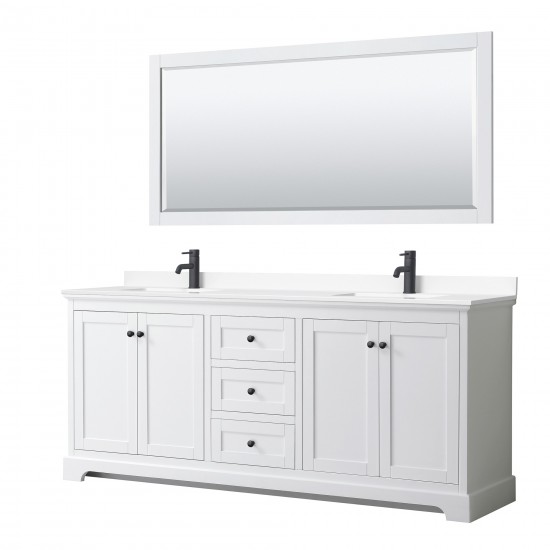 Avery 80" Double Vanity in White, White Marble Top, Black Trim, 70" Mirror