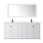 Avery 80" Double Vanity in White, White Marble Top, Black Trim, 70" Mirror