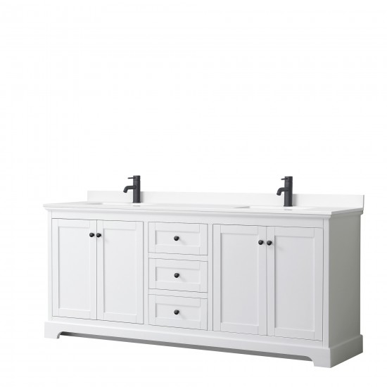 Avery 80" Double Vanity in White, White Cultured Marble Top, Black Trim