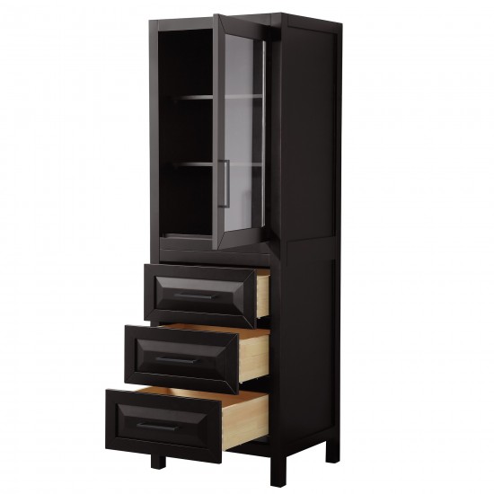 Daria Linen Tower in Espresso, Black Trim, Shelved Cabinet Storage, 3 Drawers