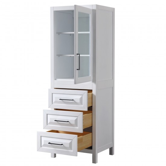 Daria Linen Tower in White, Matte Black Trim, Shelved Cabinet Storage, 3 Drawers