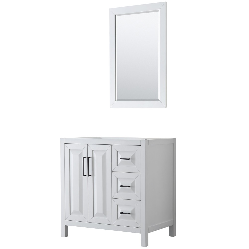 Daria 36" Single Vanity in White, No Top, No Sink, Matte Black Trim, 24" Mirror