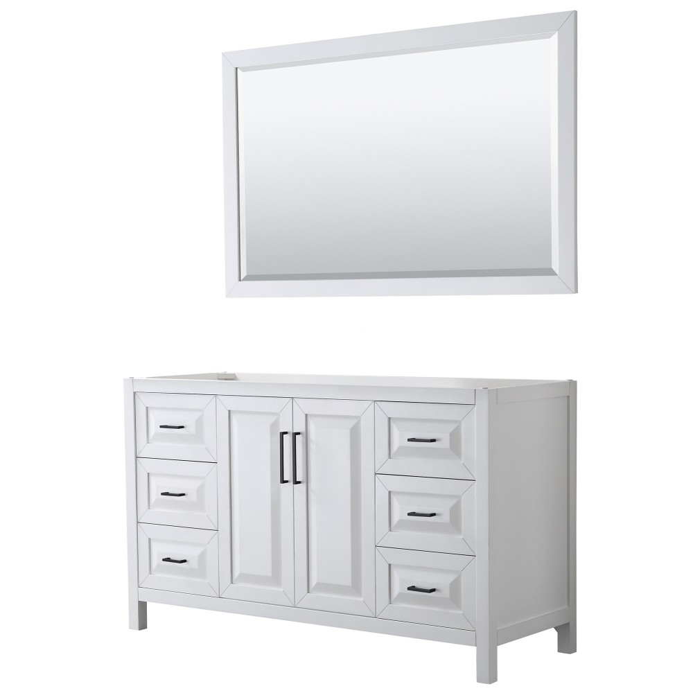 Daria 60" Single Vanity in White, No Top, No Sink, Matte Black Trim, 58" Mirror