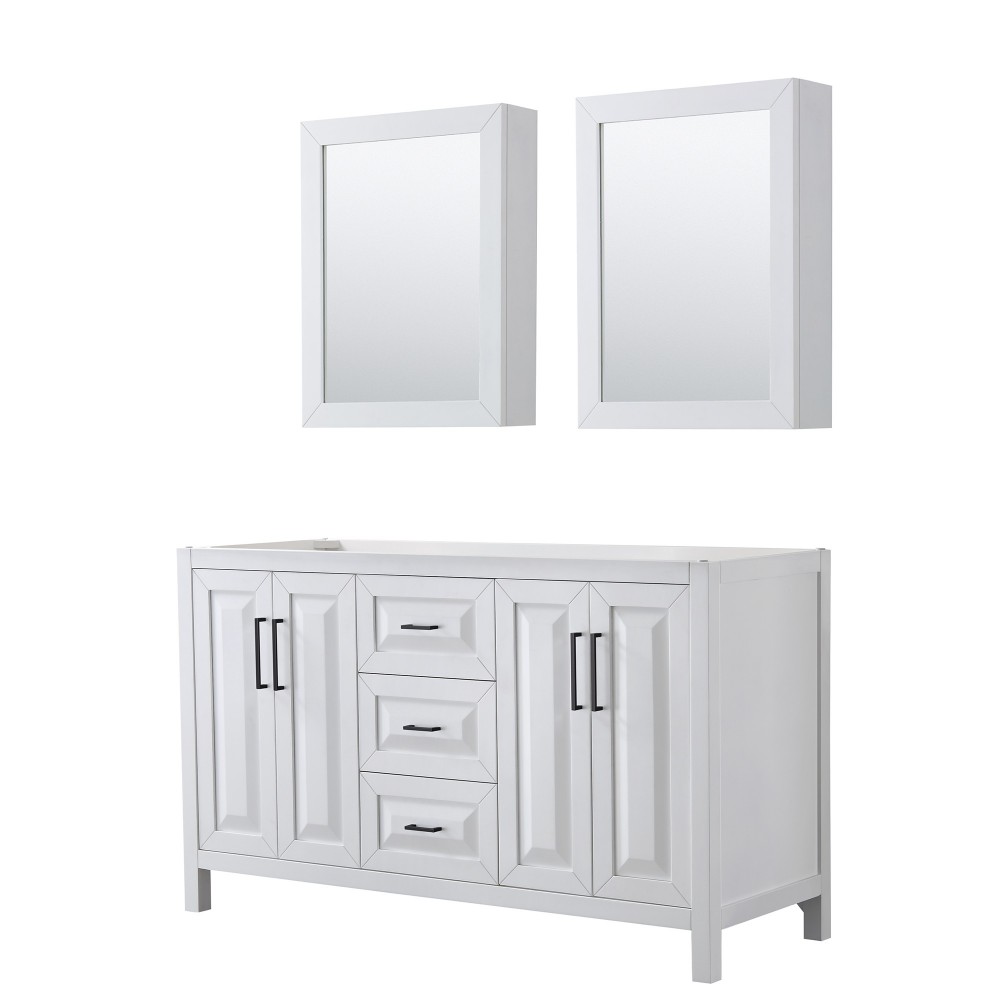 Daria 60" Double Vanity in White, No Top, Matte Black Trim, Medicine Cabinets