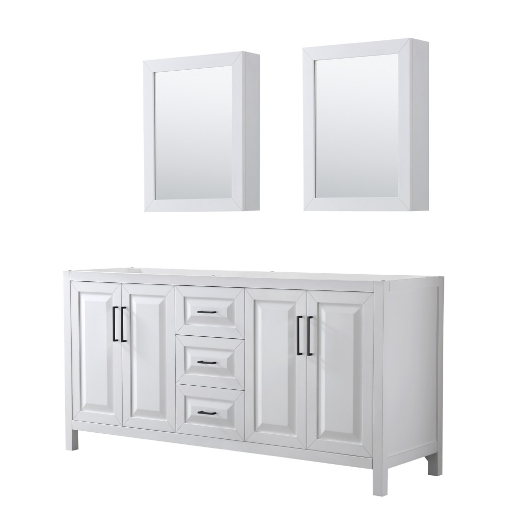 Daria 72" Double Vanity in White, No Top, Matte Black Trim, Medicine Cabinets