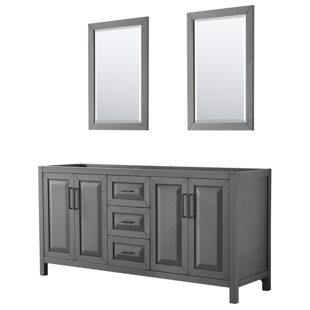 Daria 72" Double Vanity in Dark Gray, No Top, Matte Black Trim, 24" Mirrors