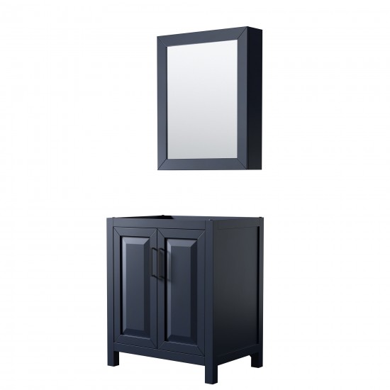 Daria 30" Single Vanity in Dark Blue, No Top, Matte Black Trim, Medicine Cabinet