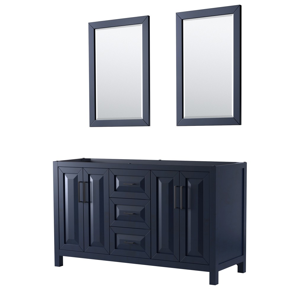 Daria 60" Double Vanity in Dark Blue, No Top, Matte Black Trim, 24" Mirrors