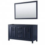 Daria 60" Double Vanity in Dark Blue, No Top, Matte Black Trim, 58" Mirror