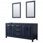 Daria 72" Double Vanity in Dark Blue, No Top, Matte Black Trim, 24" Mirrors