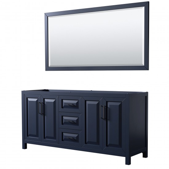 Daria 72" Double Vanity in Dark Blue, No Top, Matte Black Trim, 70" Mirror