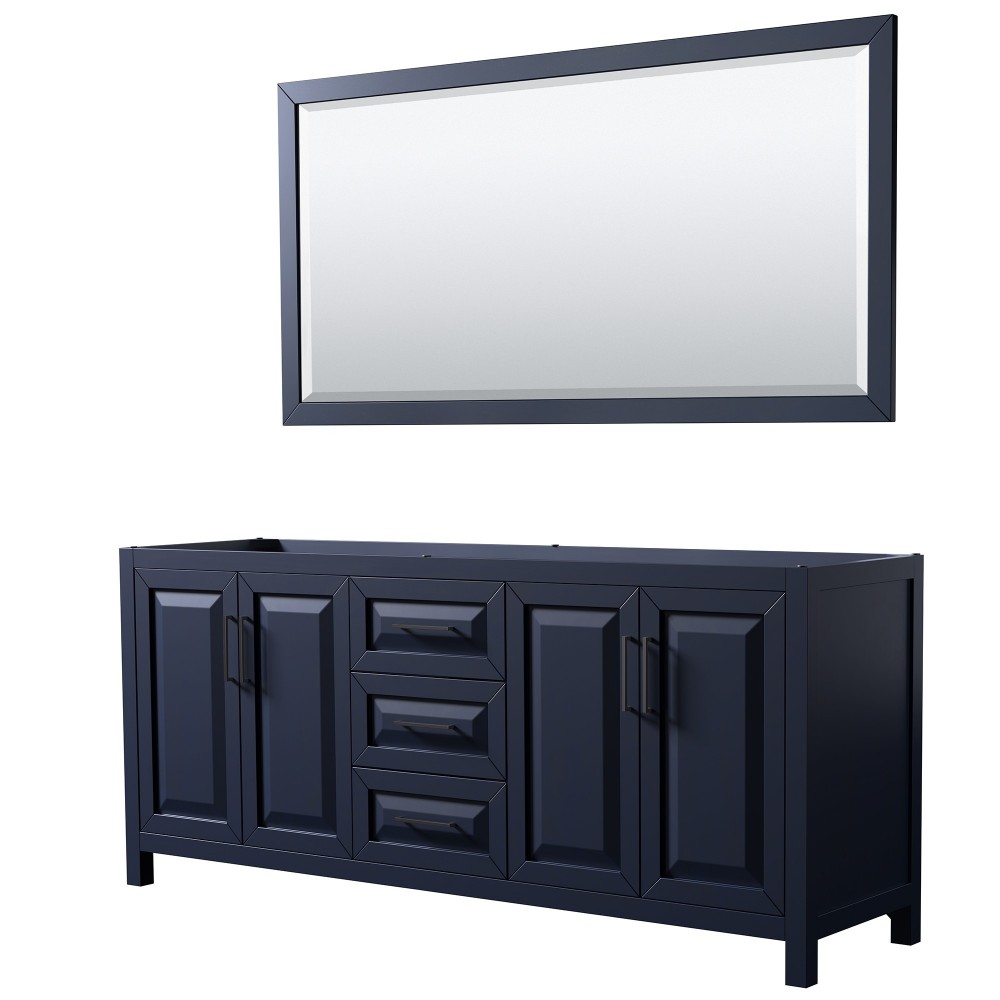 Daria 80" Double Vanity in Dark Blue, No Top, Matte Black Trim, 70" Mirror