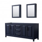 Daria 80" Dark Blue Double Vanity, No Top, Matte Black Trim, Medicine Cabinets