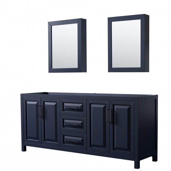 Daria 80" Dark Blue Double Vanity, No Top, Matte Black Trim, Medicine Cabinets