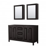 Daria 60" Dark Espresso Double Vanity, No Top, Black Trim, Medicine Cabinets