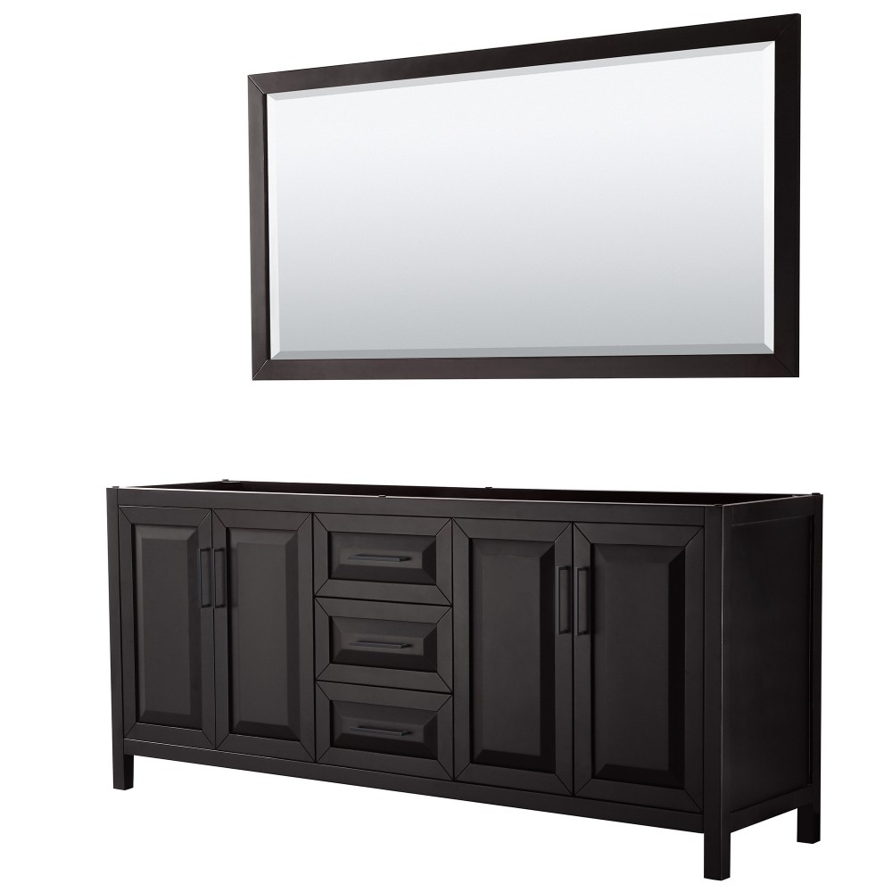 Daria 80" Double Vanity in Dark Espresso, No Top, Matte Black Trim, 70" Mirror