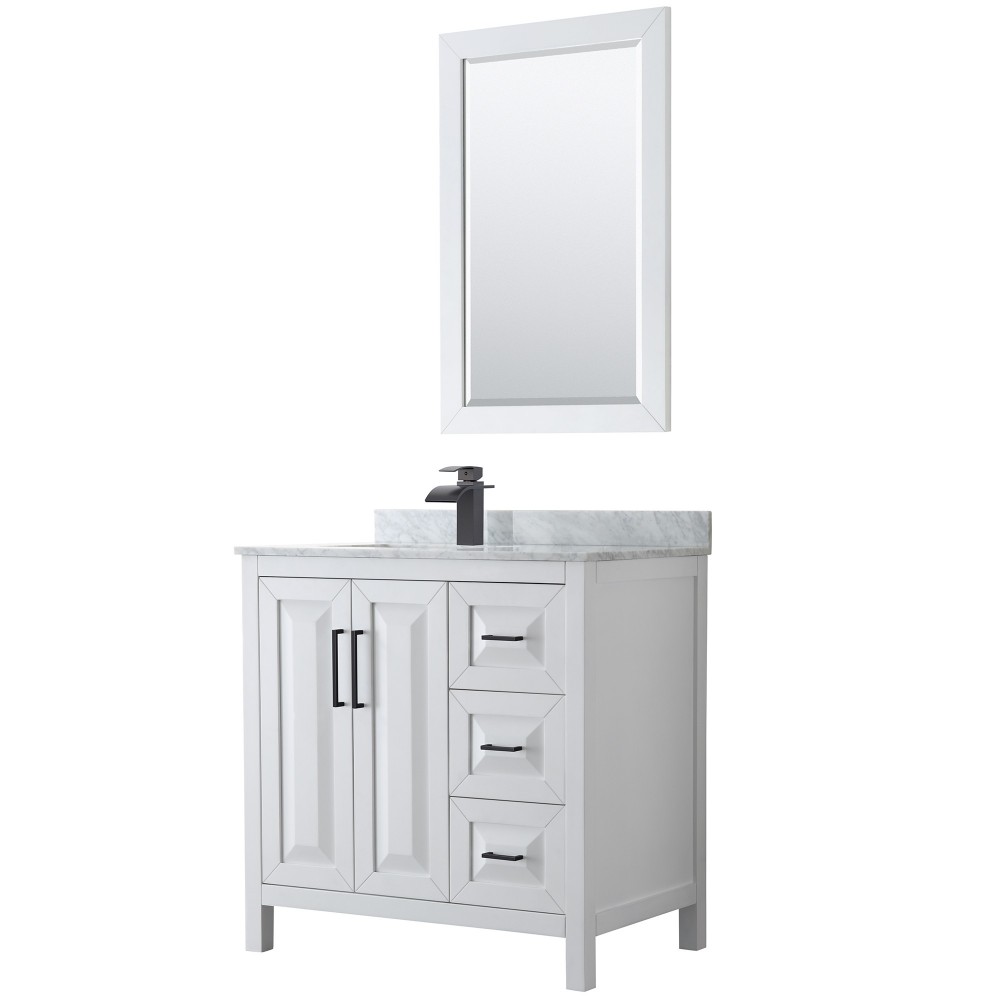 Daria 36" Single Vanity in White, Top, Square Sink, Matte Black Trim, 24" Mirror