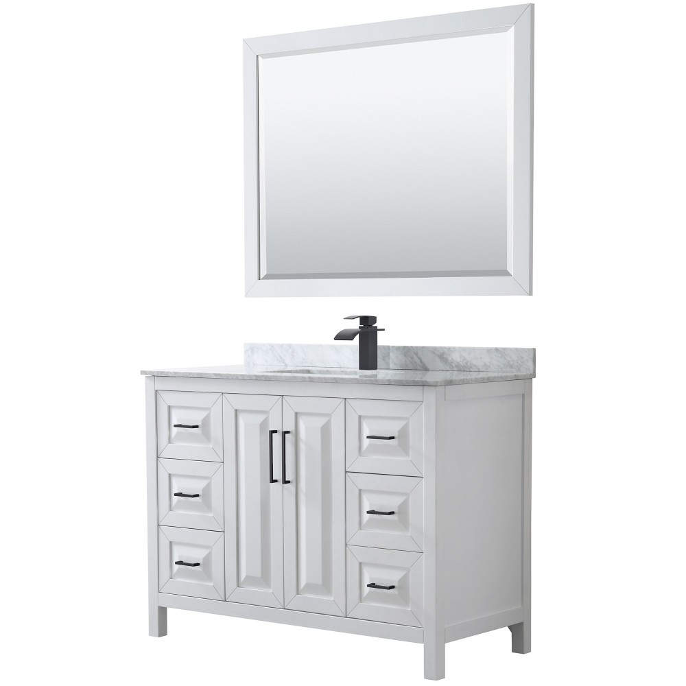 Daria 48" Single Vanity in White, Top, Square Sink, Matte Black Trim, 46" Mirror