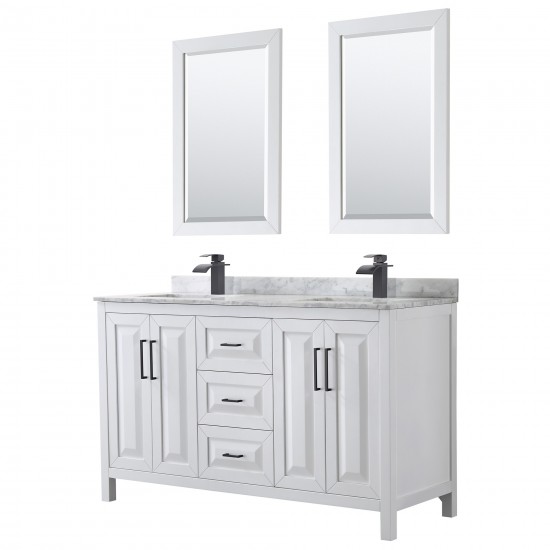 Daria 60" Double Vanity in White, Top, Square Matte Black Trim, 24" Mirrors