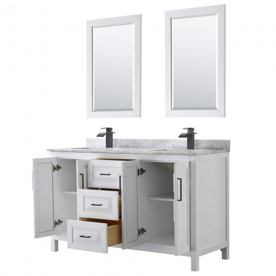 Daria 60" Double Vanity in White, Top, Square Matte Black Trim, 24" Mirrors