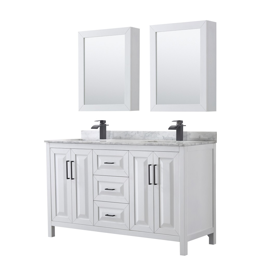 Daria 60" Double Vanity in White, Top, Black Trim, Medicine Cabinets