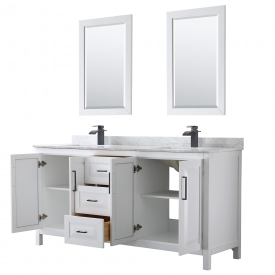 Daria 72" Double Vanity in White, Top, Square Matte Black Trim, 24" Mirrors