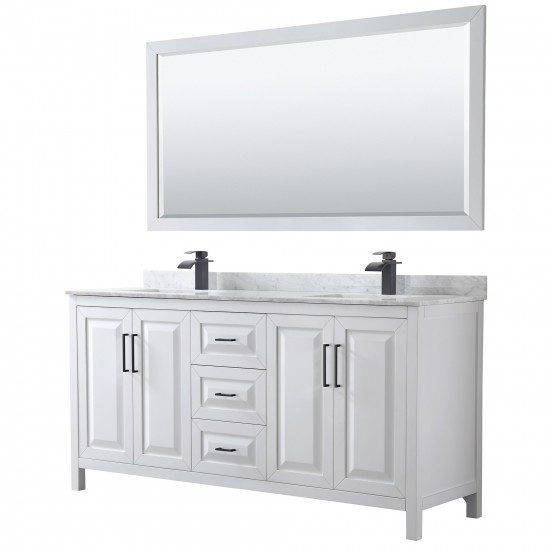 Daria 72" Double Vanity in White, Top, Square Matte Black Trim, 70" Mirror