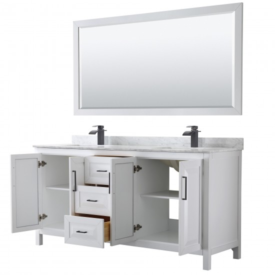 Daria 72" Double Vanity in White, Top, Square Matte Black Trim, 70" Mirror