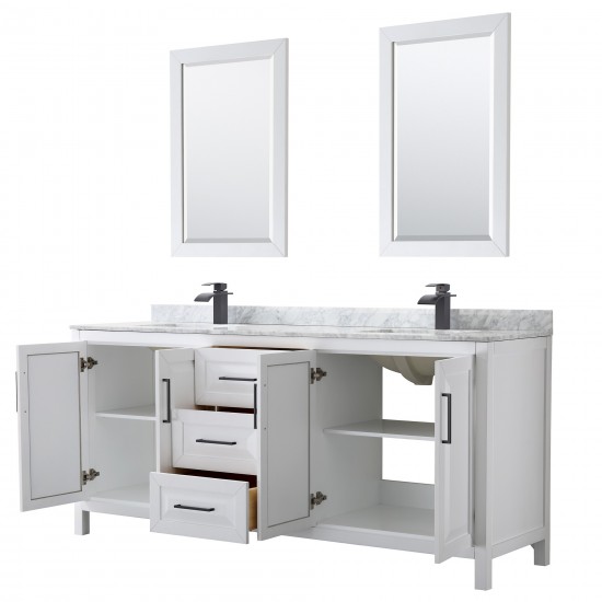 Daria 80" Double Vanity in White, Top, Square Matte Black Trim, 24" Mirrors