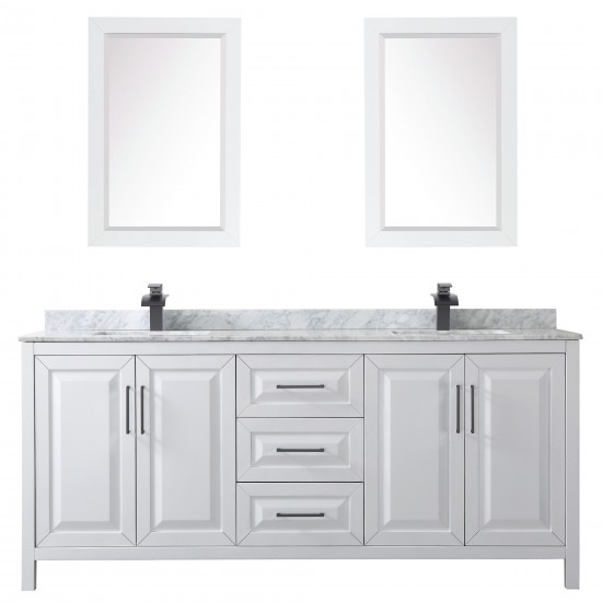 Daria 80" Double Vanity in White, Top, Square Matte Black Trim, 24" Mirrors