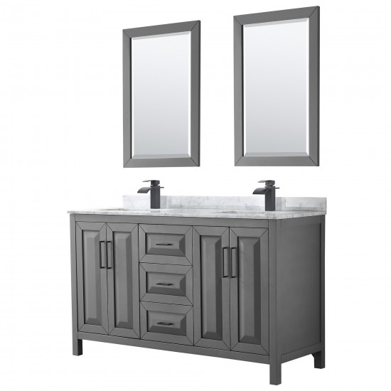 Daria 60" Double Vanity in Dark Gray, Top, Square Matte Black Trim, 24" Mirrors