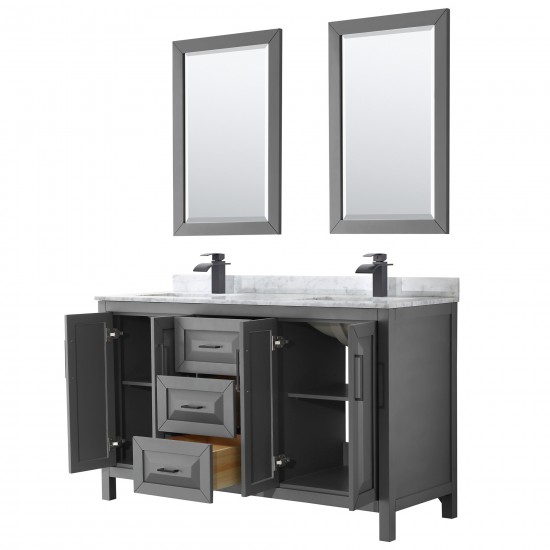 Daria 60" Double Vanity in Dark Gray, Top, Square Matte Black Trim, 24" Mirrors