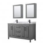 Daria 60" Double Vanity in Dark Gray, Top, Black Trim, Medicine Cabinets