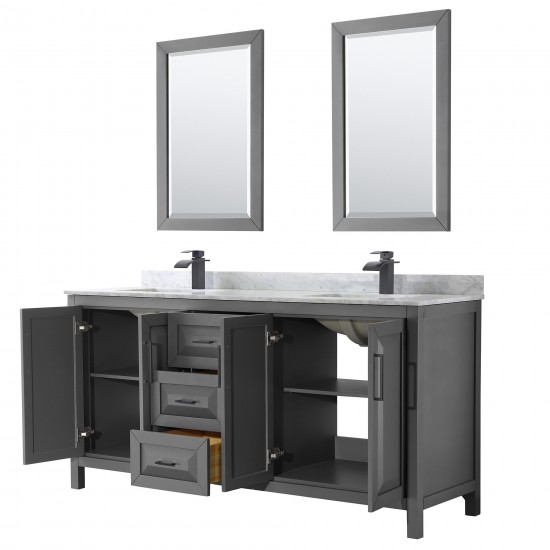 Daria 72" Double Vanity in Dark Gray, Top, Square Matte Black Trim, 24" Mirrors