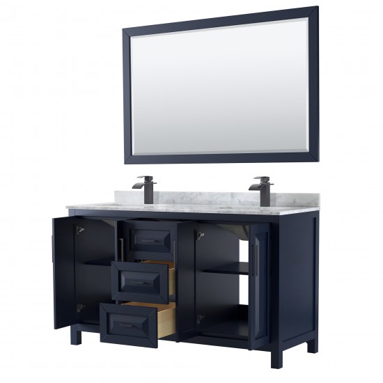 Daria 60" Double Vanity in Dark Blue, Top, Square Matte Black Trim, 58" Mirror