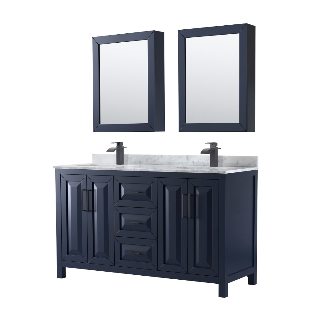 Daria 60" Double Vanity in Dark Blue, Top, Black Trim, Medicine Cabinets