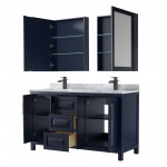 Daria 60" Double Vanity in Dark Blue, Top, Black Trim, Medicine Cabinets