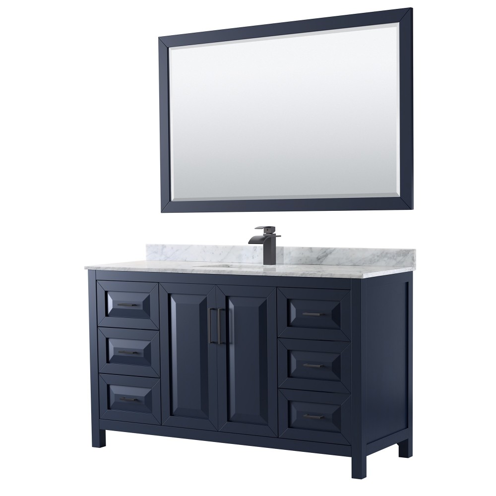 Daria 60" Single Vanity in Dark Blue, Top, Square Matte Black Trim, 58" Mirror