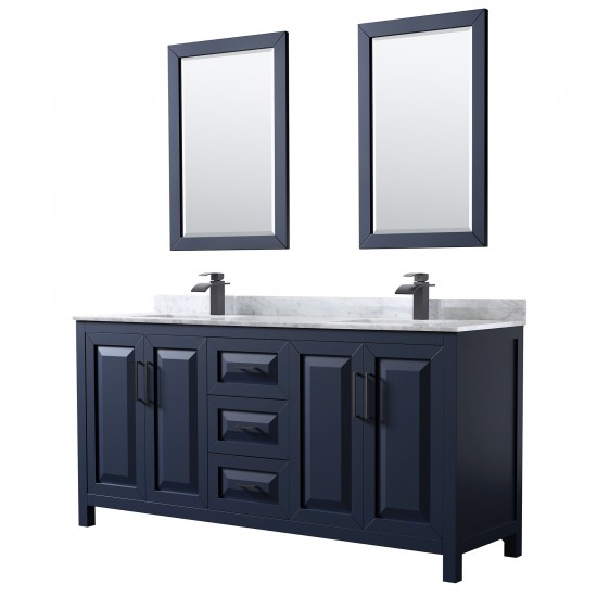 Daria 72" Double Vanity in Dark Blue, Top, Square Matte Black Trim, 24" Mirrors