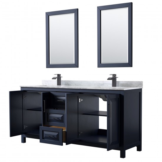 Daria 72" Double Vanity in Dark Blue, Top, Square Matte Black Trim, 24" Mirrors