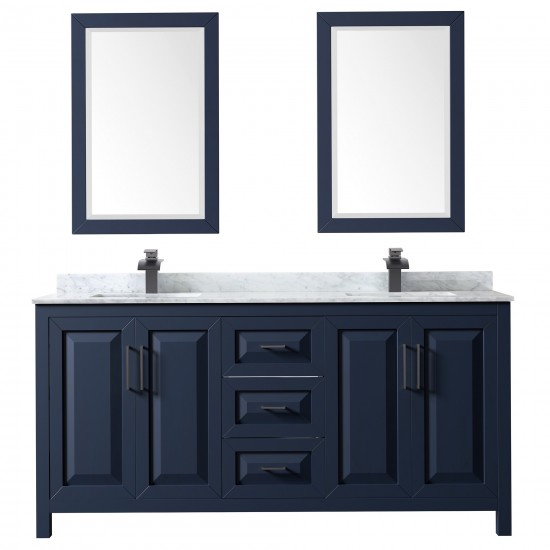 Daria 72" Double Vanity in Dark Blue, Top, Square Matte Black Trim, 24" Mirrors