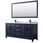 Daria 72" Double Vanity in Dark Blue, Top, Square Matte Black Trim, 70" Mirror