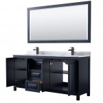 Daria 72" Double Vanity in Dark Blue, Top, Square Matte Black Trim, 70" Mirror