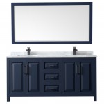 Daria 72" Double Vanity in Dark Blue, Top, Square Matte Black Trim, 70" Mirror