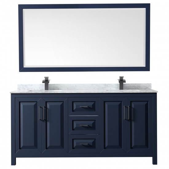 Daria 72" Double Vanity in Dark Blue, Top, Square Matte Black Trim, 70" Mirror