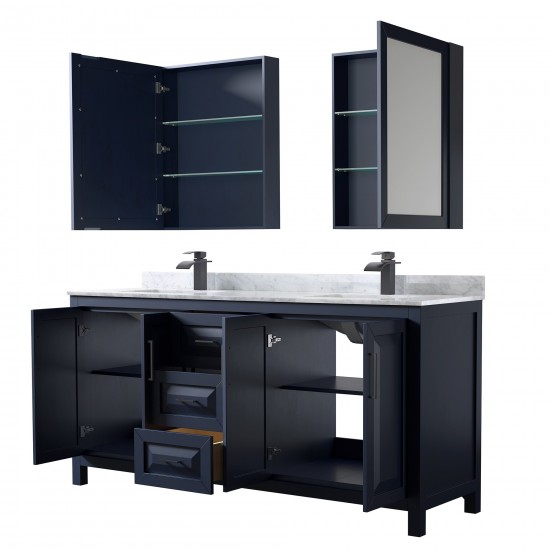 Daria 72" Double Vanity in Dark Blue, Top, Black Trim, Medicine Cabinets