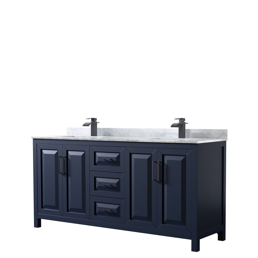 Daria 72" Double Vanity in Dark Blue, Top, Square Sinks, Matte Black Trim